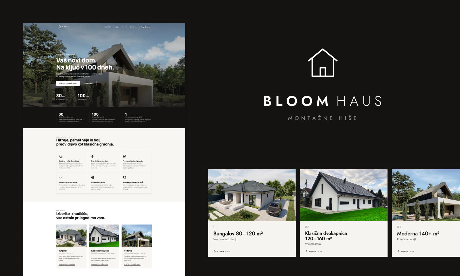 Logo and website development for Bloom Haus: overview of the brand and website for selling prefab homes