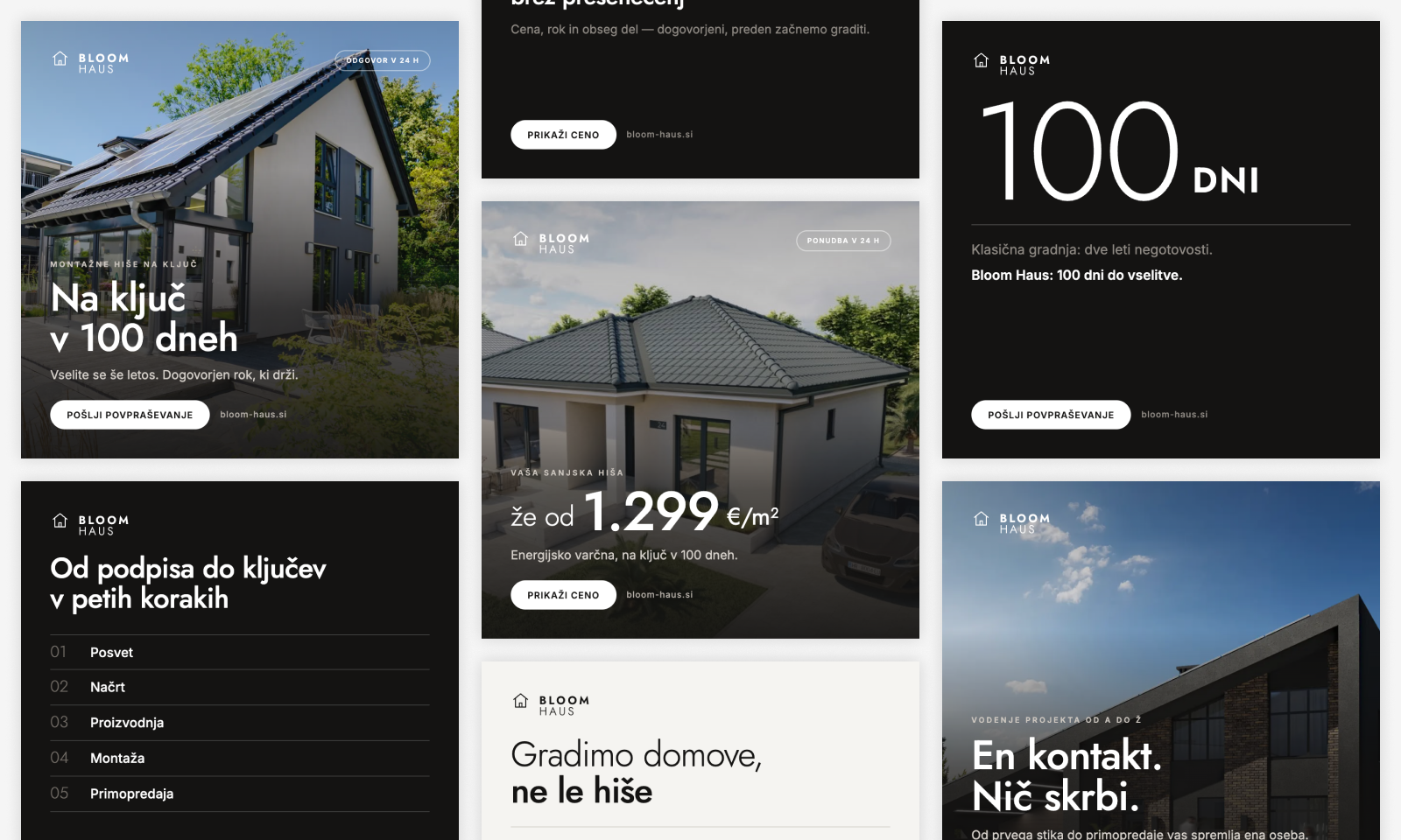 Meta advertising for Bloom Haus: overview of ad creatives for the prefab home sales campaign