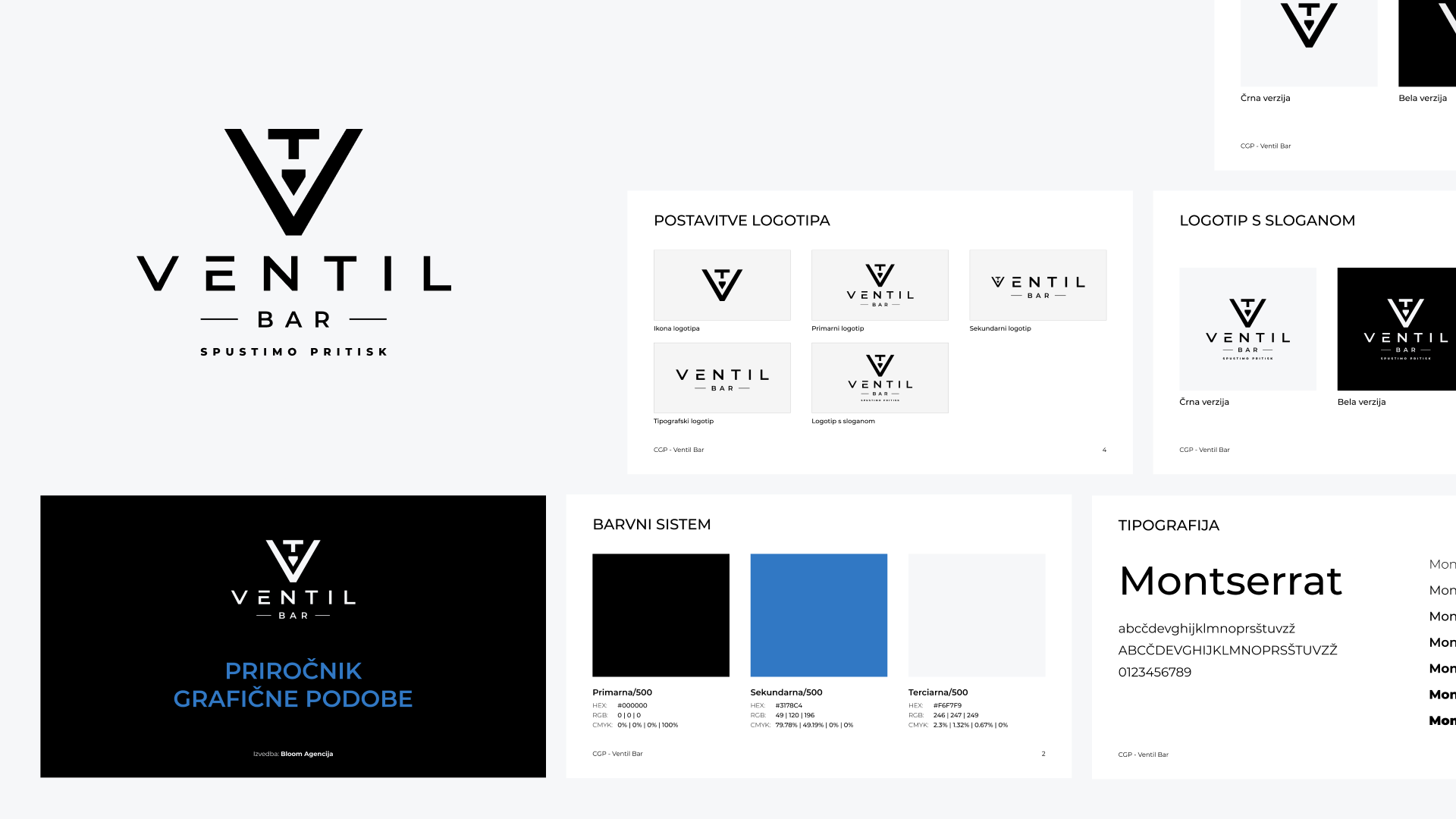 Ventil Bar visual identity (Tapro d.o.o.): overview of the logo, color system and Montserrat typography