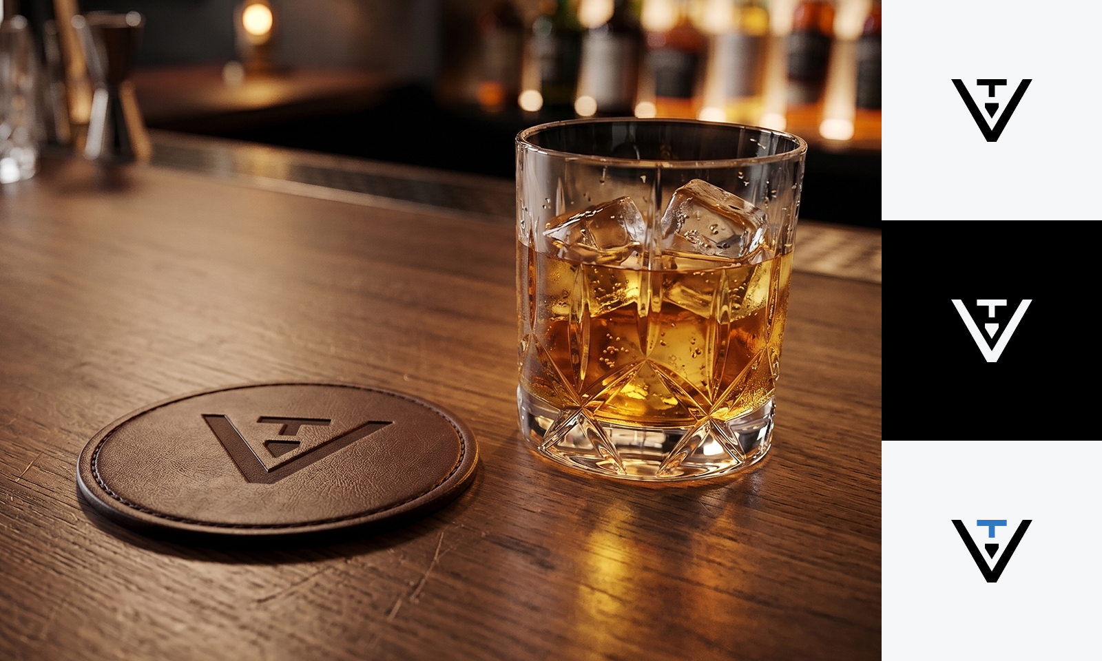 Ventil Bar visual identity: logo icon on a coaster and in three color versions