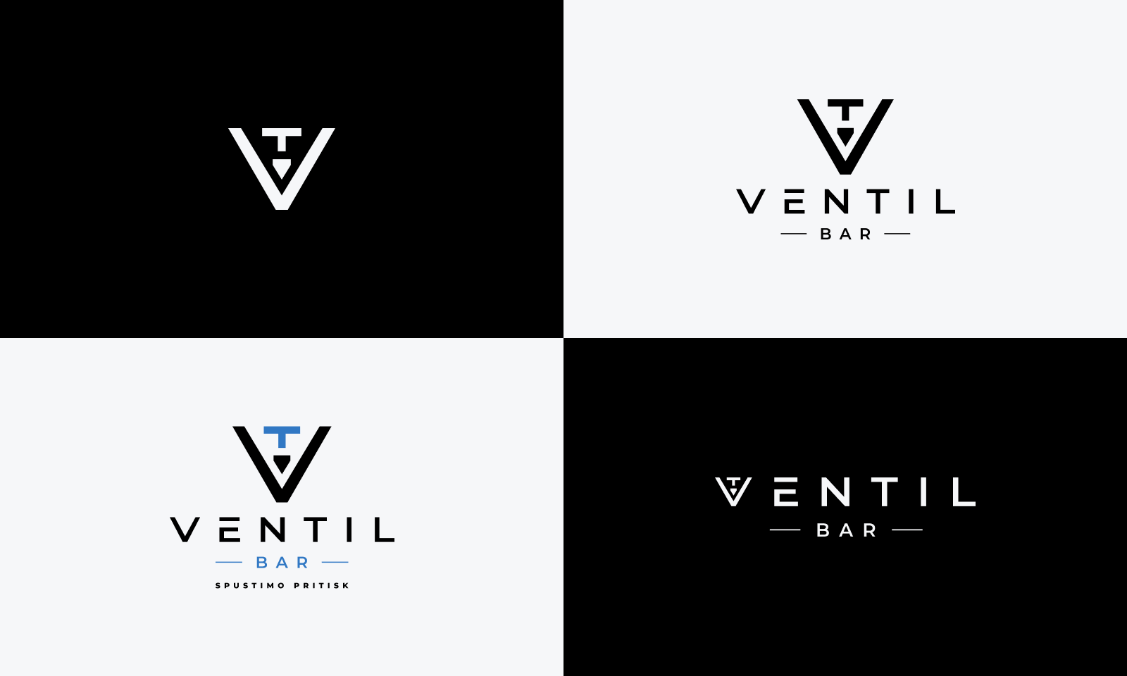 Ventil Bar visual identity: positive and negative logo versions with the icon and the Spustimo pritisk tagline